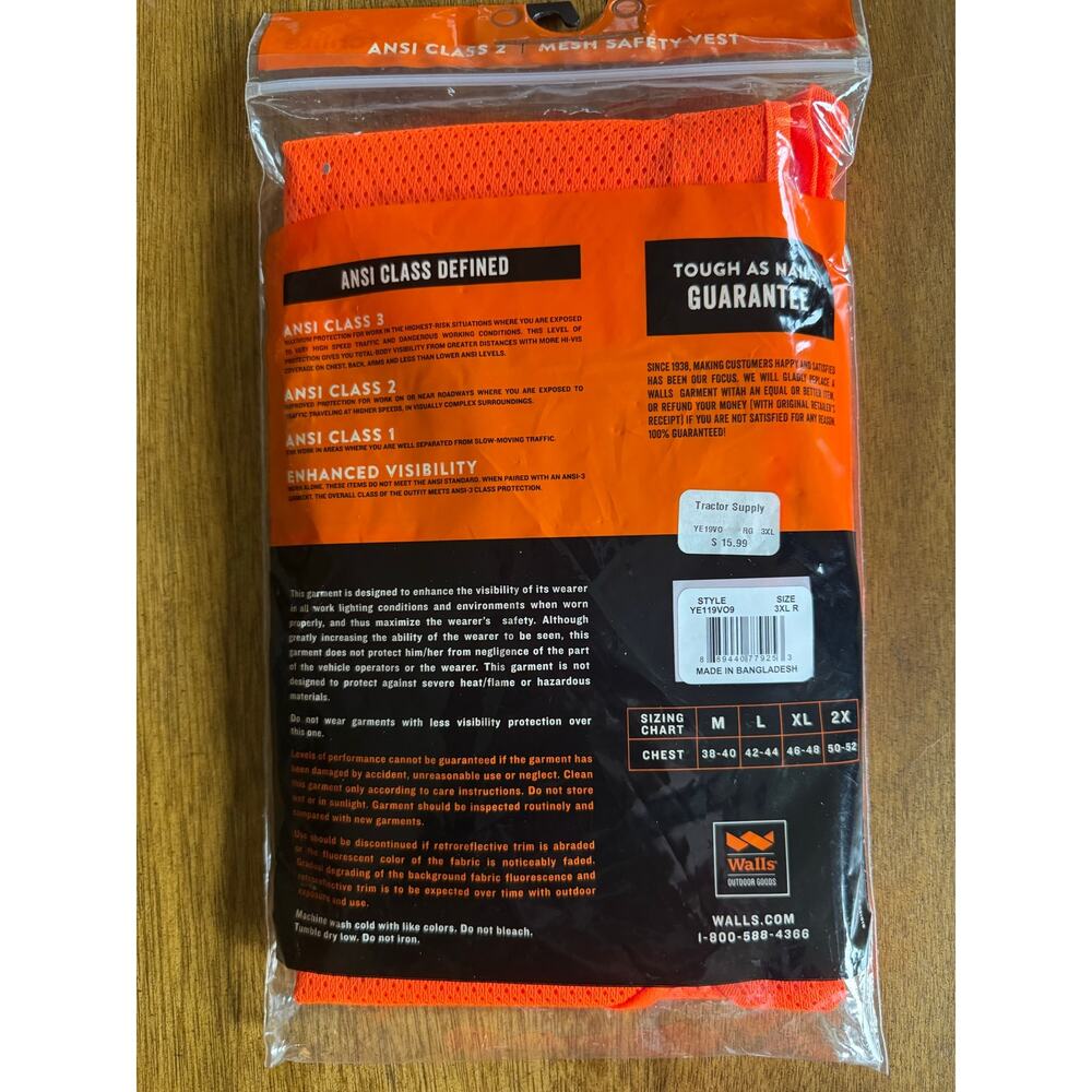 NWT Walls ANSI Class 2 Safety Vest 3XL Orange Hi Vis Reflective Mesh - Picture 6 of 10